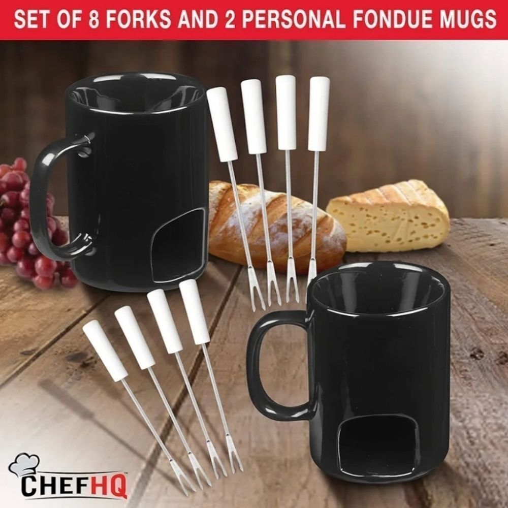 🩵NIB Chef HQ Black Personal Set Of Fondue Mugs & 8 Forks